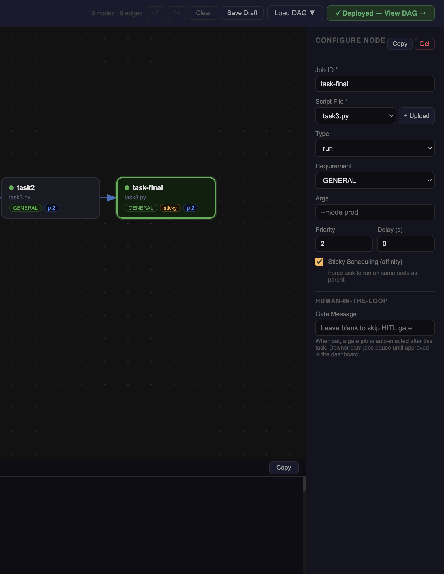 Topbar showing green Deployed — View DAG link after successful deploy