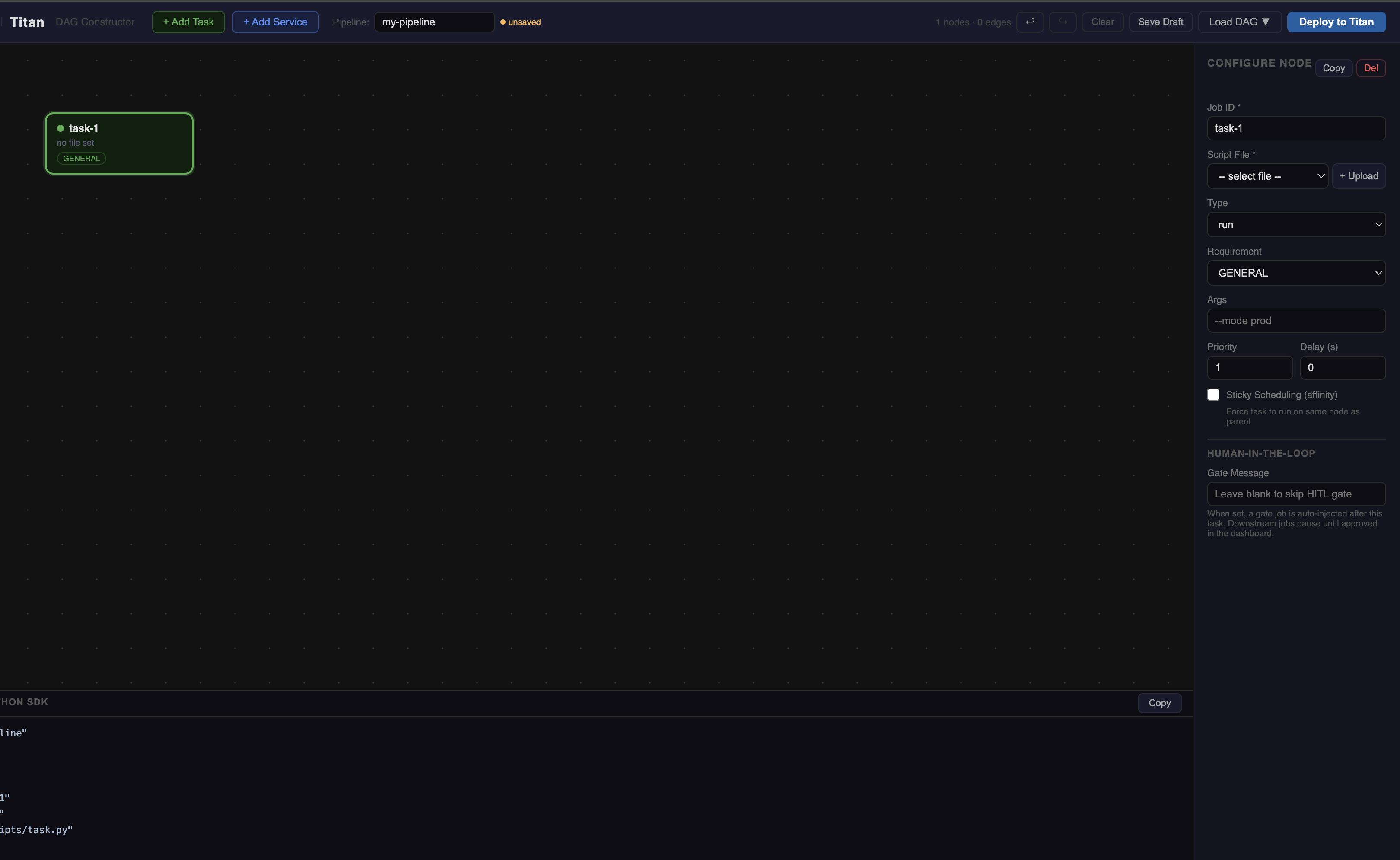 A new task node on the canvas with the Configure Node sidebar open