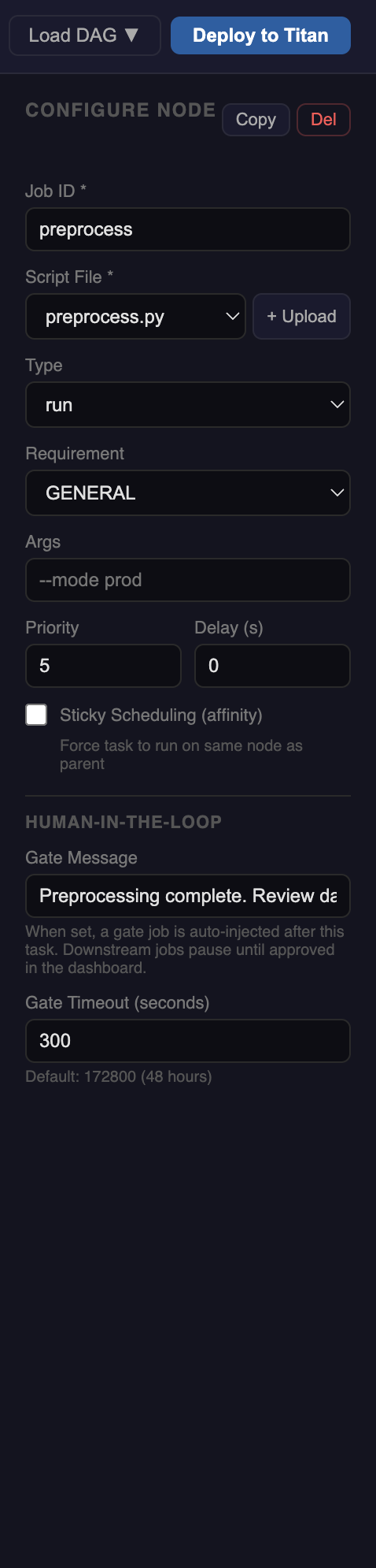 HITL gate sidebar with Gate Message and Timeout configured