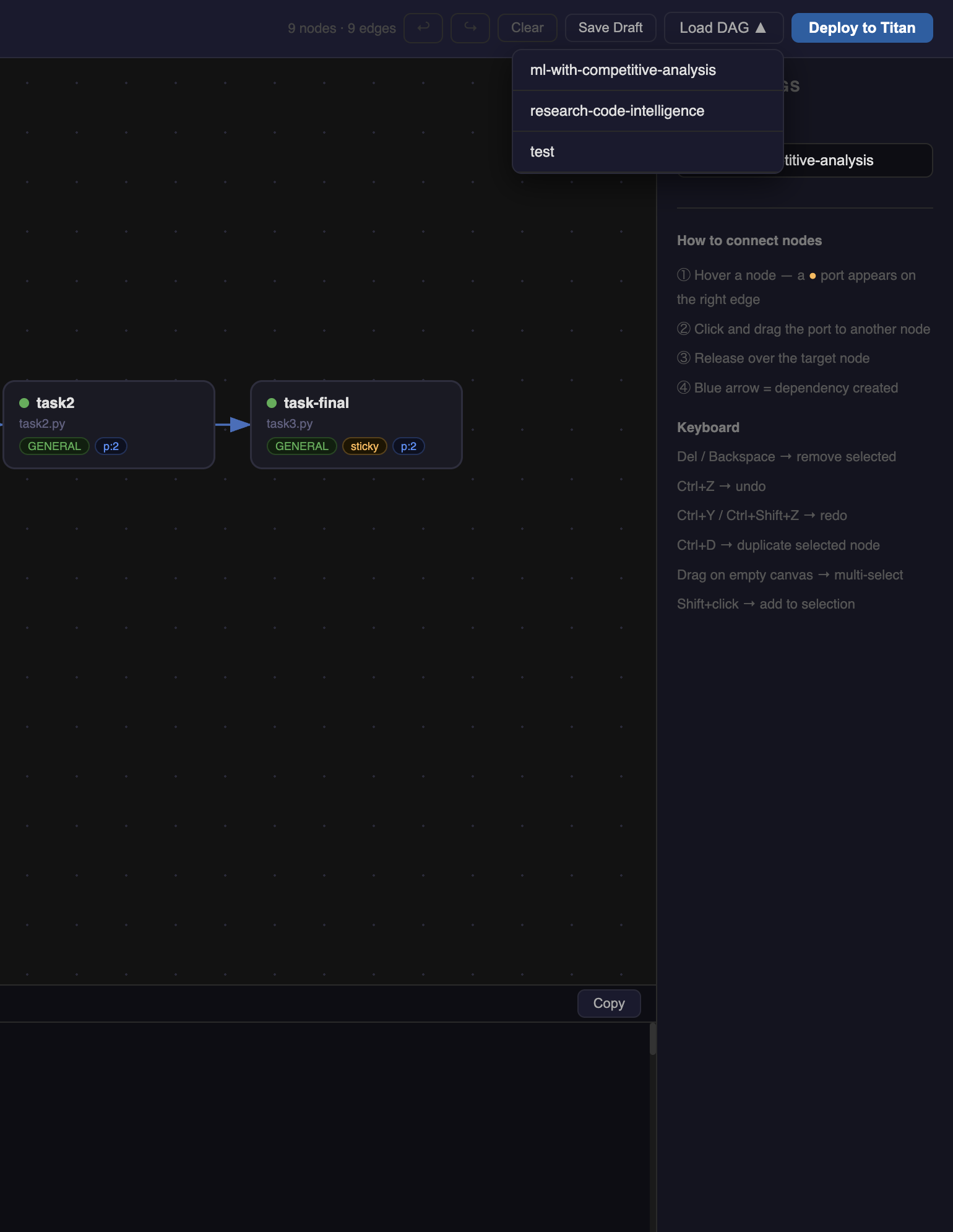 Load DAG dropdown showing saved pipelines