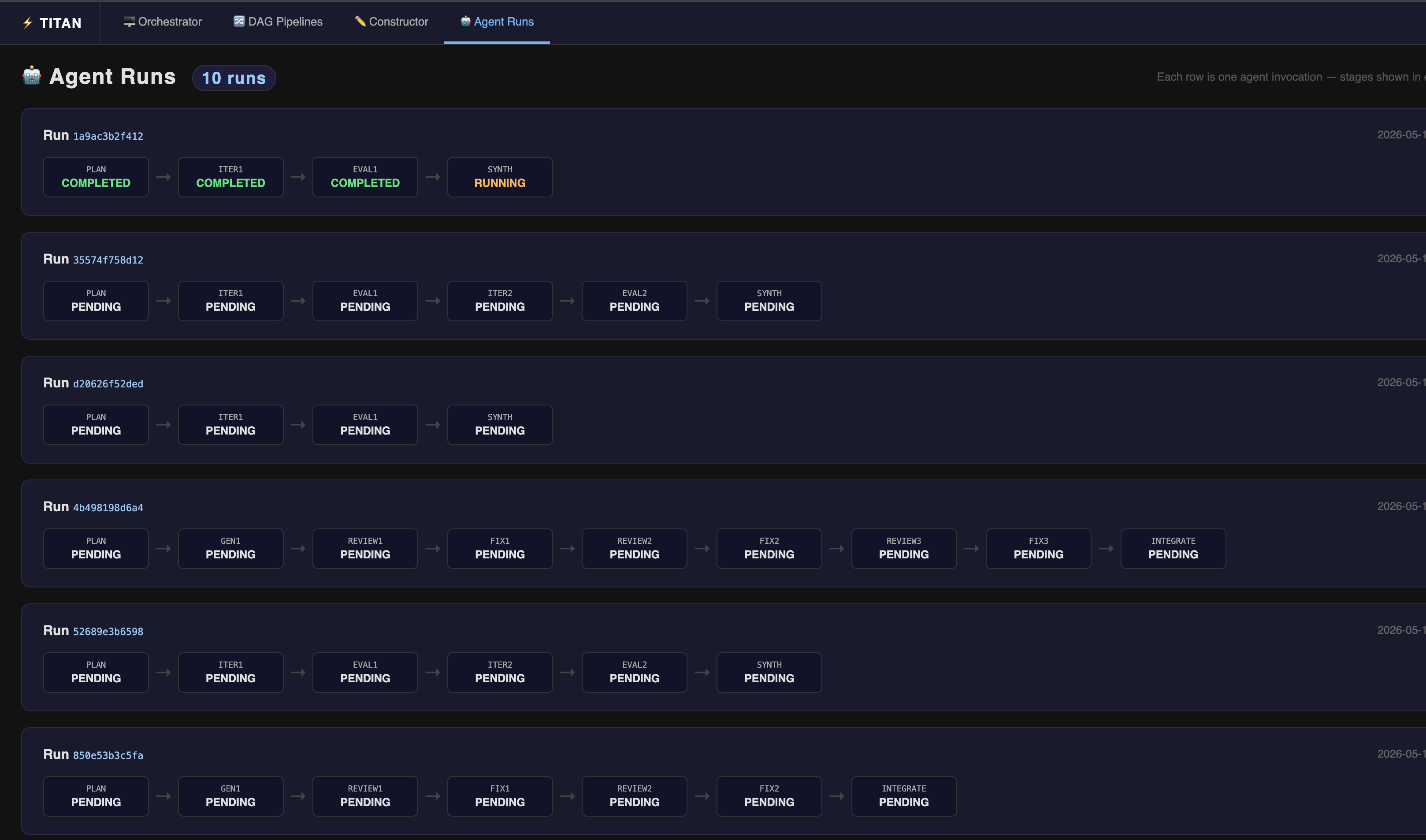 Agent Runs view showing multiple research agent invocations with stage timelines