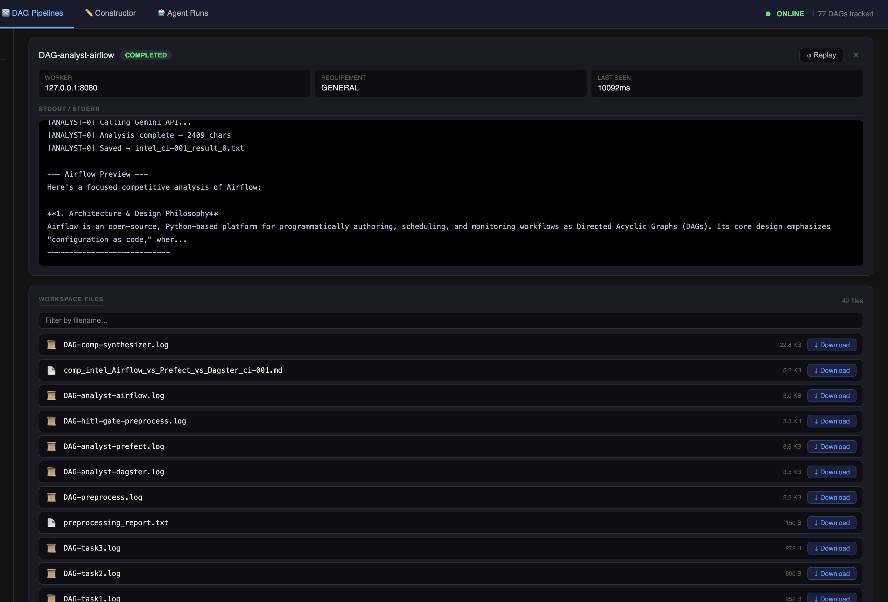 Workspace files panel showing log and output files with download links